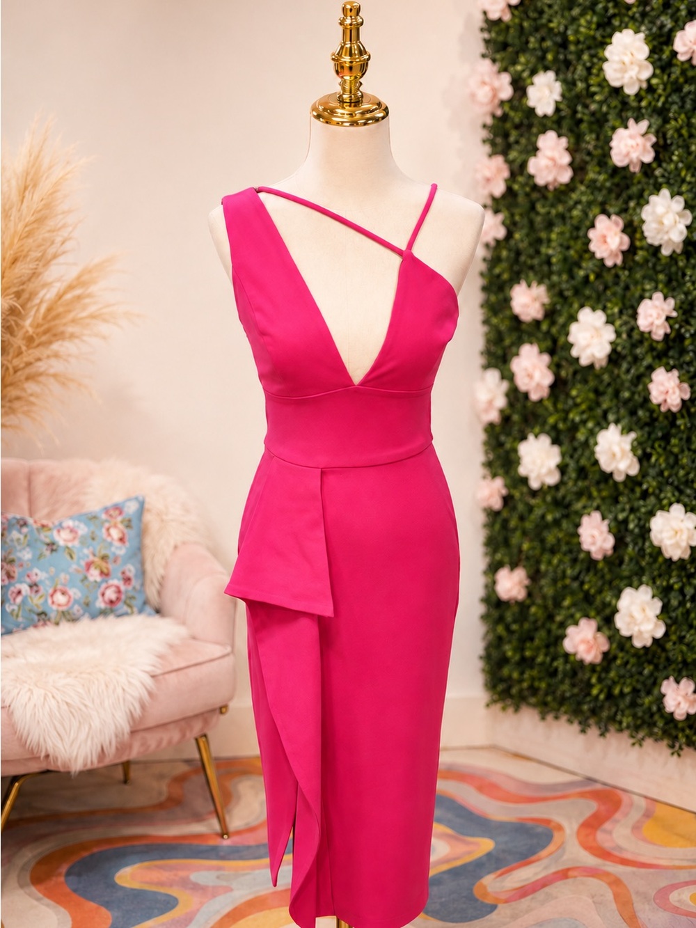 Lavish Alice Hot Pink One-Shoulder Draped Midi Dress